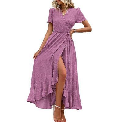 PILAR™ – Classy Flowy Wrap V-Neck Short Sleeve Maxi Dress