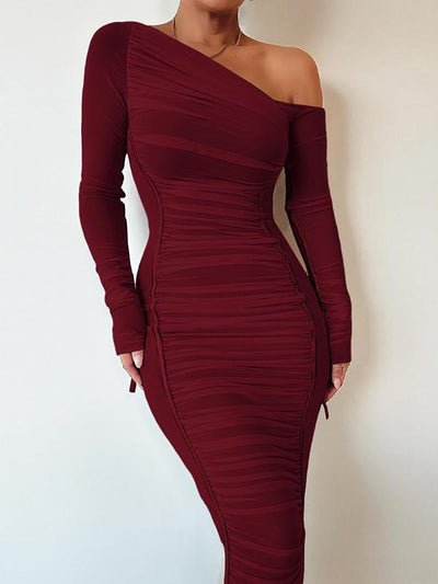 MARGARET™ - Striped Ruched Asymmetrical Neck Bodycon Dress
