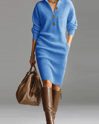 Rosetta™ | Ribbed Knit Button-Front Polo Sweater Dress