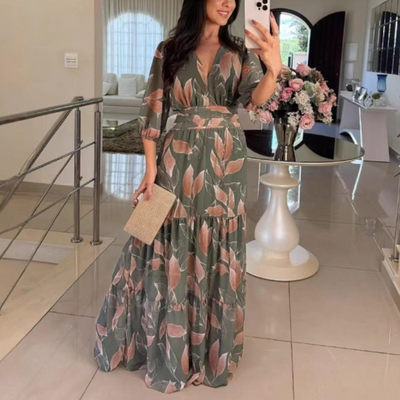 BELL™ - Elegant V-Neck Puff Sleeve Maxi Dress