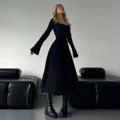 CILICIA™ - Classy Plain Flounce Long Sleeve Square Neck A-Line Maxi Dress
