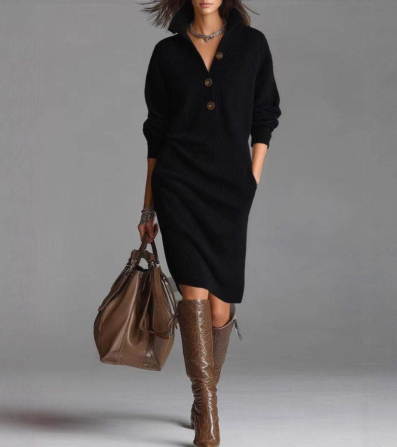 Joyce™ | Button Front Collared Knit Midi Sweater Dress