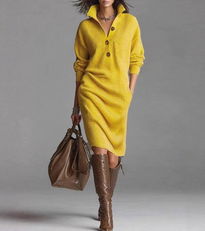 Joyce™ | Button Front Collared Knit Midi Sweater Dress