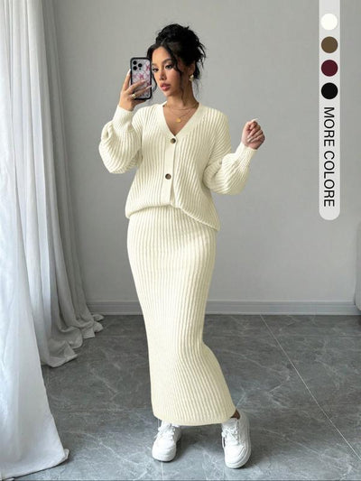 LEA™ - Solid Button Front Sweater & Long Skirt Knit Set