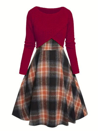 JORY™ - Vintage Round Neck Long Sleeve Crop Top and Plaid Dress