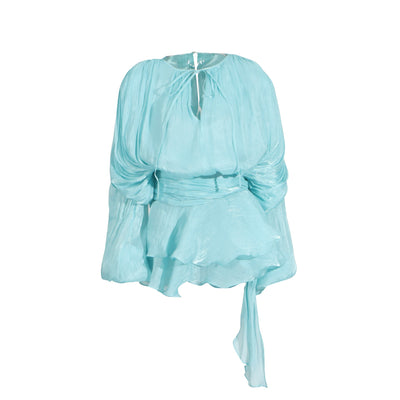 SARA™ - Ruffle Skirt Two-Piece with Lantern Sleeves & Tie-up Front