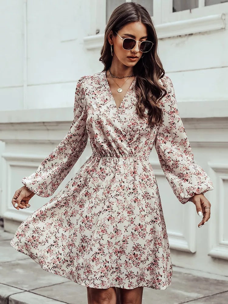 QITI™ - Chic Floral V-Neck Long Sleeve Mini Dress