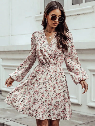 QITI™ - Chic Floral V-Neck Long Sleeve Mini Dress