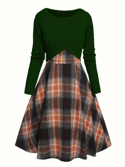JORY™ - Vintage Round Neck Long Sleeve Crop Top and Plaid Dress