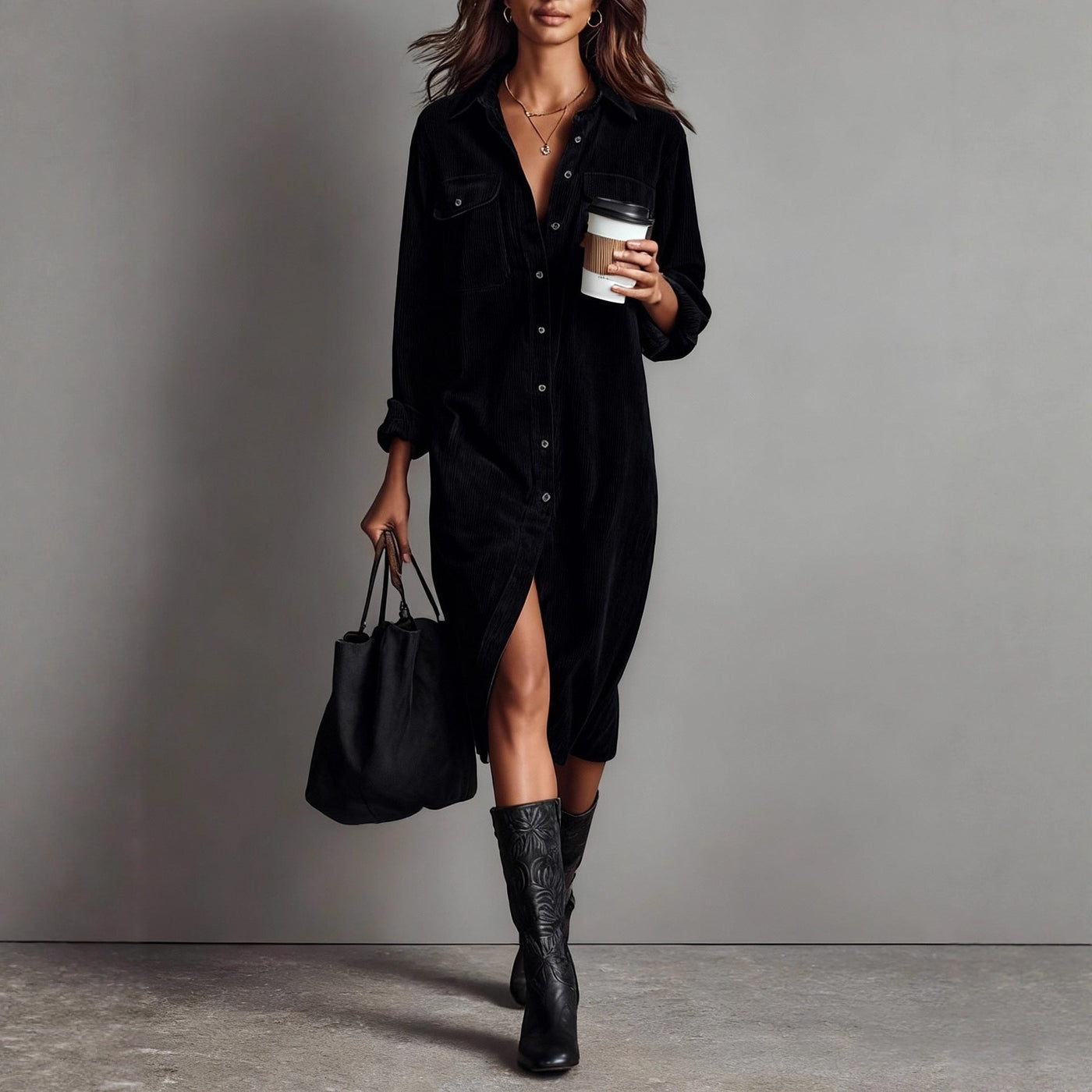 Rosamund™ | Corduroy Button-Front Shirt Dress