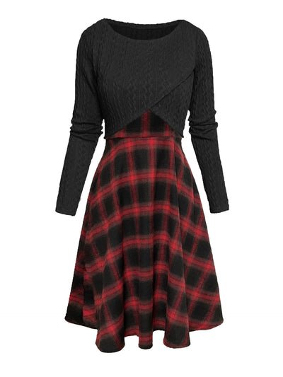 JORY™ - Vintage Round Neck Long Sleeve Crop Top and Plaid Dress