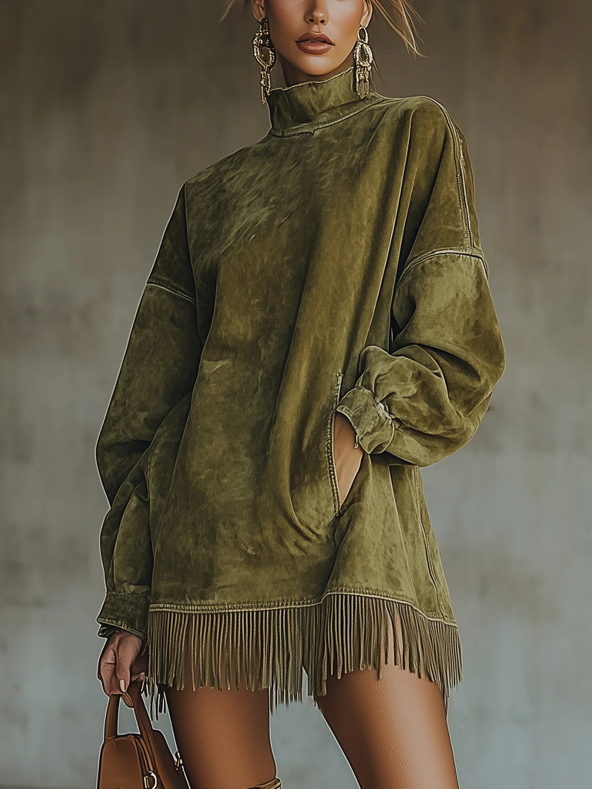 Francine™ | Washed Fringe-Hem Mock-Neck Sweatshirt Dress