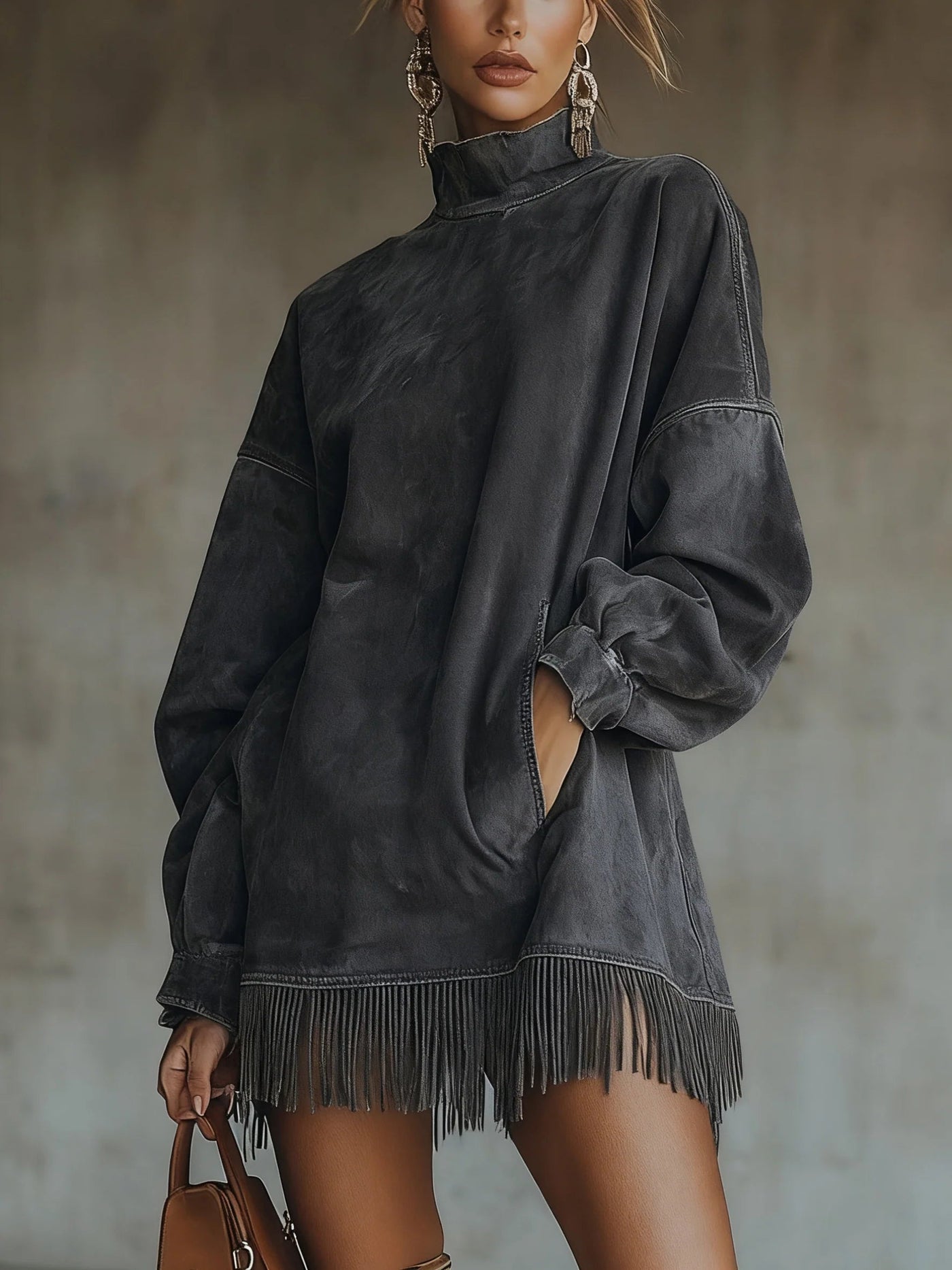 Francine™ | Washed Fringe-Hem Mock-Neck Sweatshirt Dress