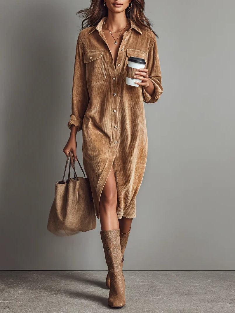 Avery | Corduroy Midi Dress with Chest Pockets