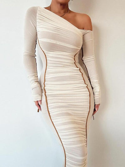 MARGARET™ - Striped Ruched Asymmetrical Neck Bodycon Dress
